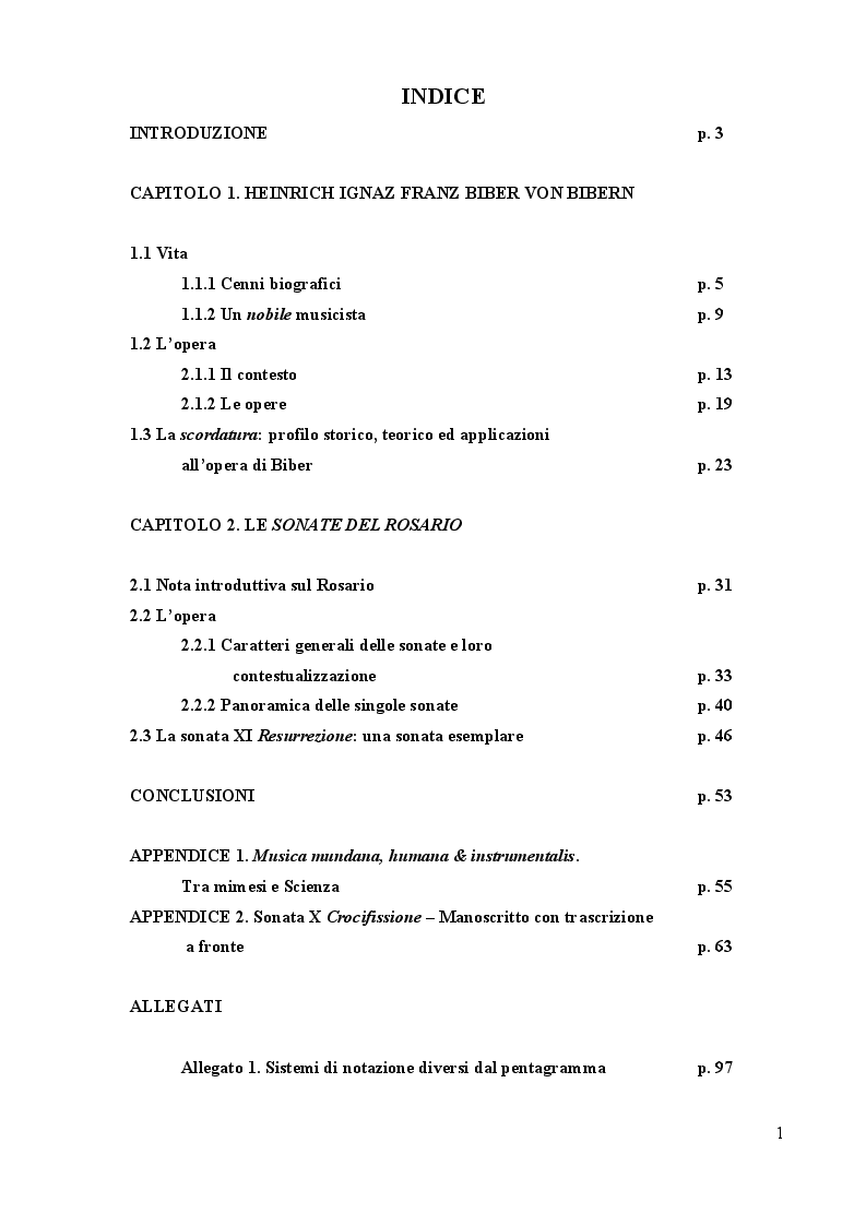 Indice della tesi: Heinrich Ignaz Franz Biber von Bibern e le sue Sonate del Rosario, Pagina 1