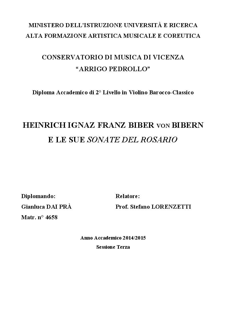Anteprima della tesi: Heinrich Ignaz Franz Biber von Bibern e le sue Sonate del Rosario, Pagina 1