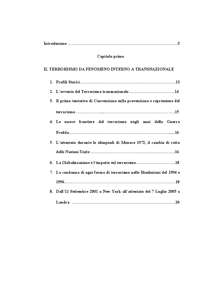 Indice della tesi: La definizione del terrorismo internazionale, Pagina 1