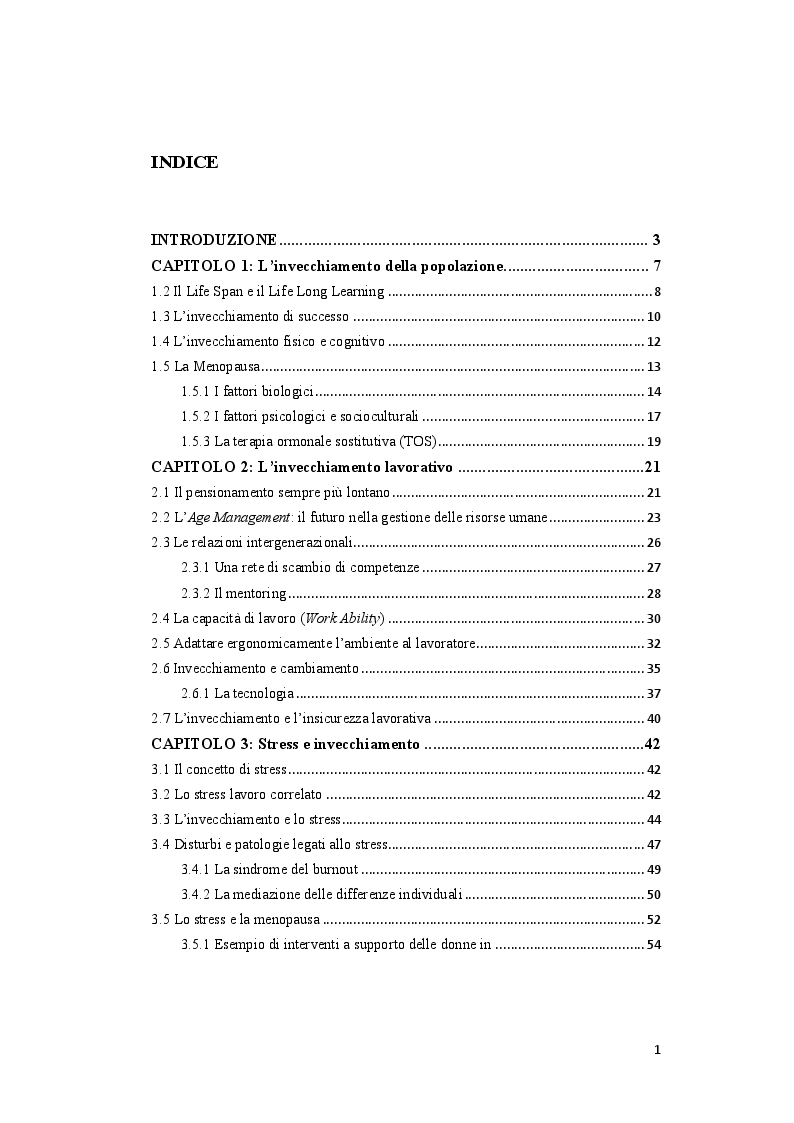 Indice della tesi: Il processo di invecchiamento dei lavoratori e delle lavoratrici e la qualità della vita lavorativa. Uno studio nel settore sanitario, Pagina 1