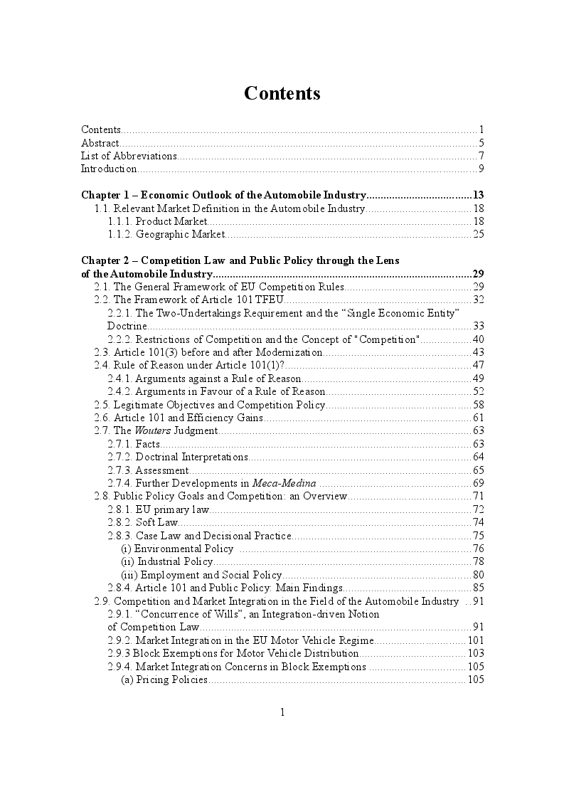 Indice della tesi: EU Competition Law and the Automobile Industry, Pagina 1