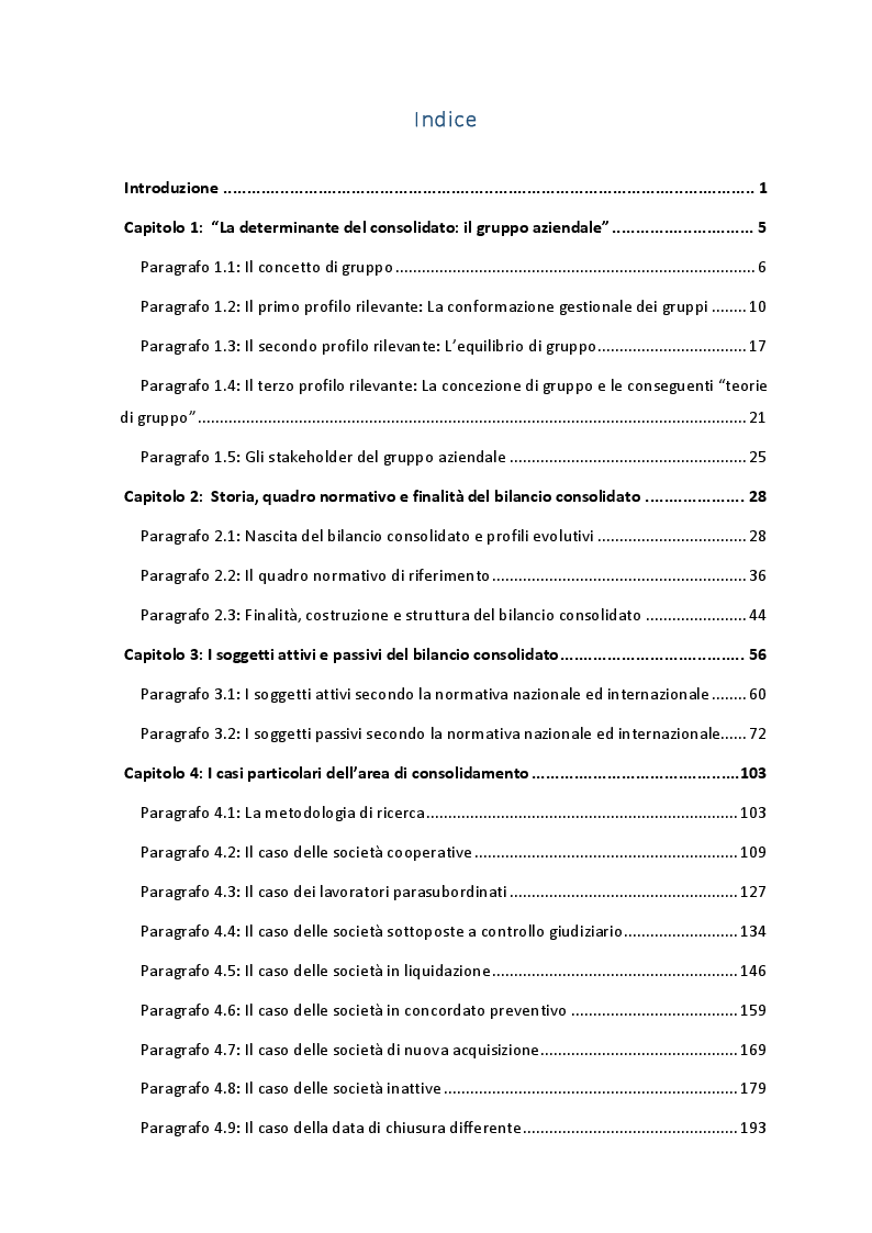 Indice della tesi: Il bilancio consolidato e le criticità dell'area di consolidamento, Pagina 1