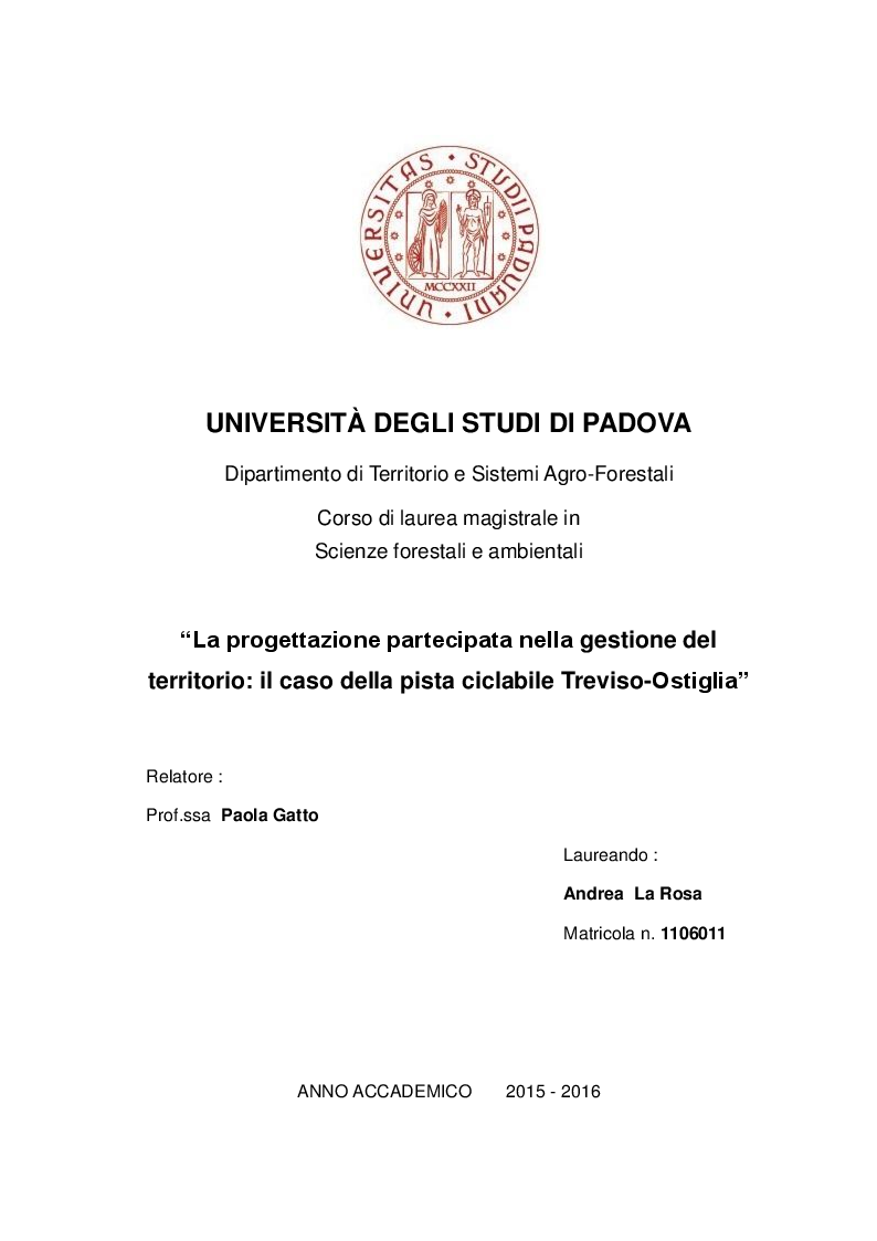 Anteprima della tesi: La progettazione partecipata nella gestione del territorio: il caso della pista ciclabile Treviso-Ostiglia, Pagina 1