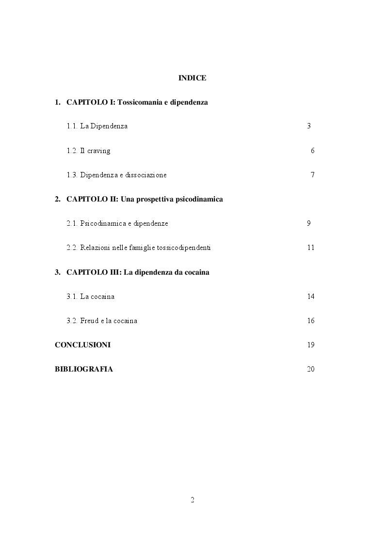 Indice della tesi: Una lettura psicoanalitica della dipendenza da cocaina, Pagina 1