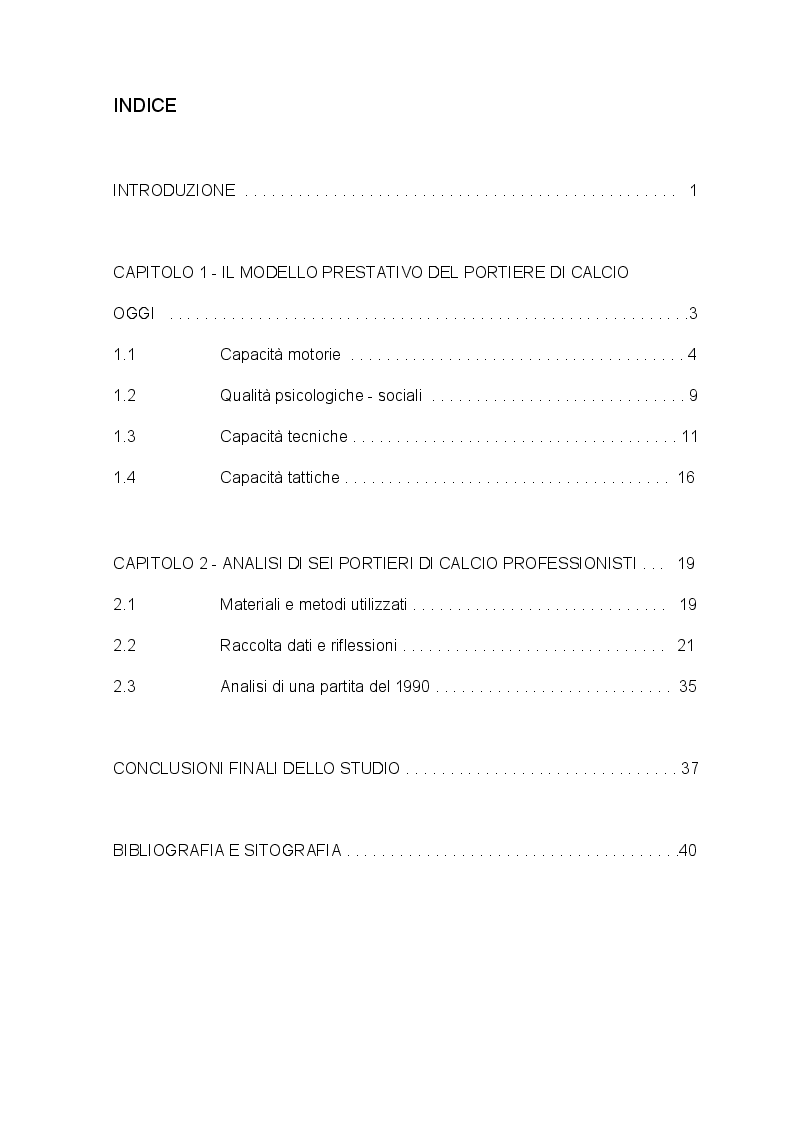 Indice della tesi: L'analisi del portiere di calcio moderno, Pagina 1