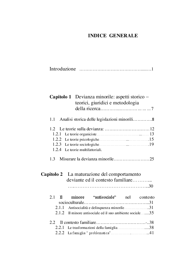 Indice della tesi: Devianza Minorile e Contesto Familiare: un approfondimento sulla situazione in Toscana, Pagina 1