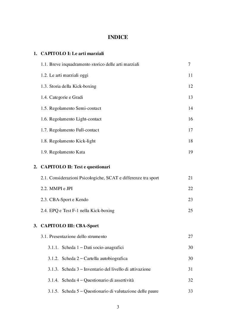 Indice della tesi: Validazione del CBA-Sport 2.0 nella Kick-boxing, Pagina 1