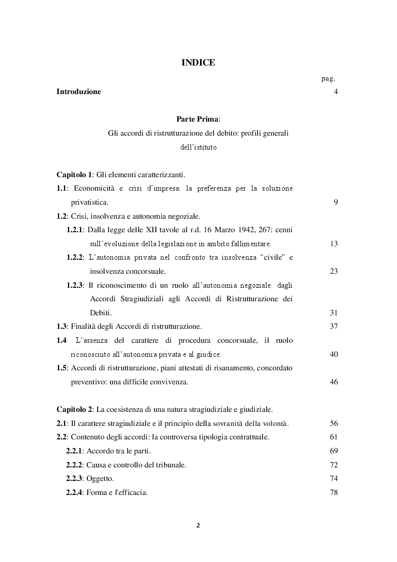 Indice della tesi: La terza via nella gestione delle crisi d'impresa: gli accordi di ristrutturazione dei debiti, Pagina 1