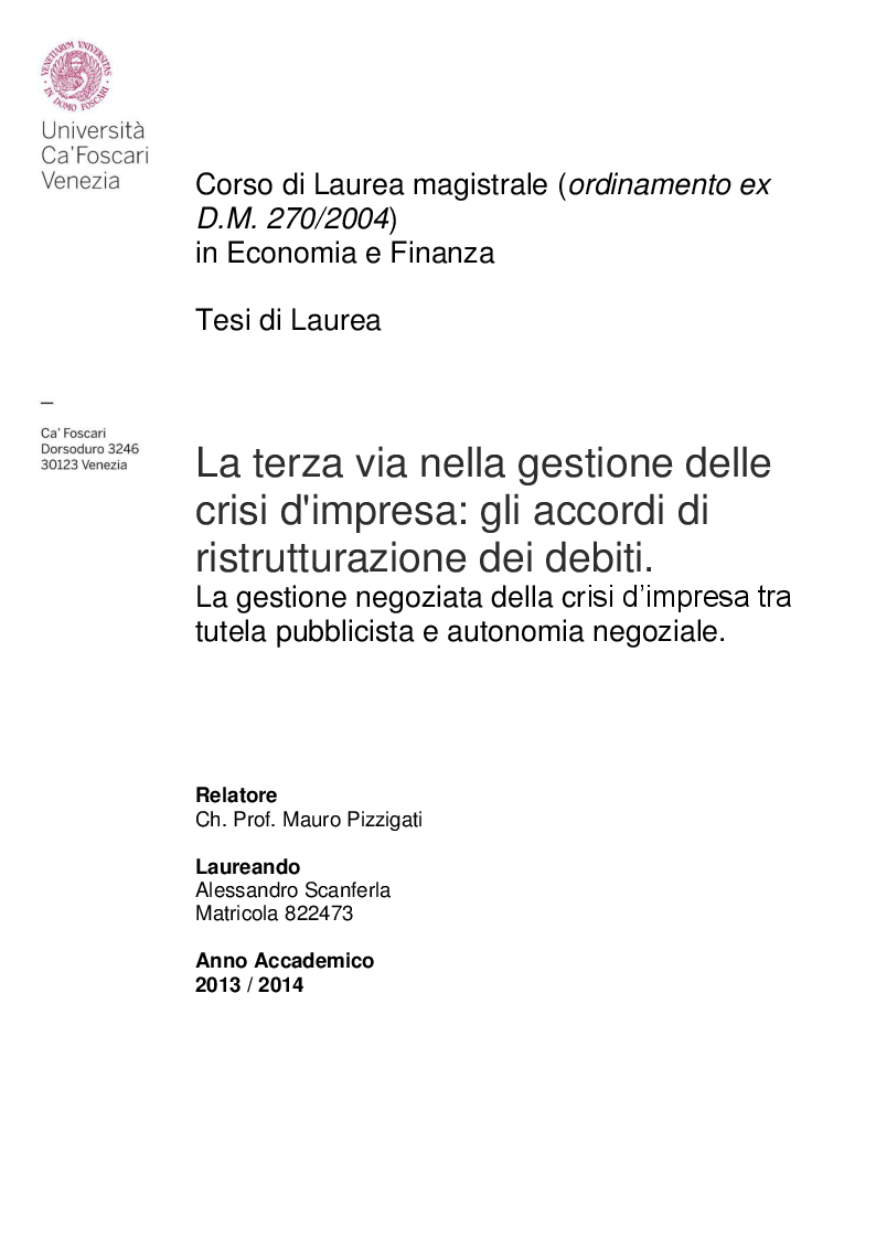 Anteprima della tesi: La terza via nella gestione delle crisi d'impresa: gli accordi di ristrutturazione dei debiti, Pagina 1
