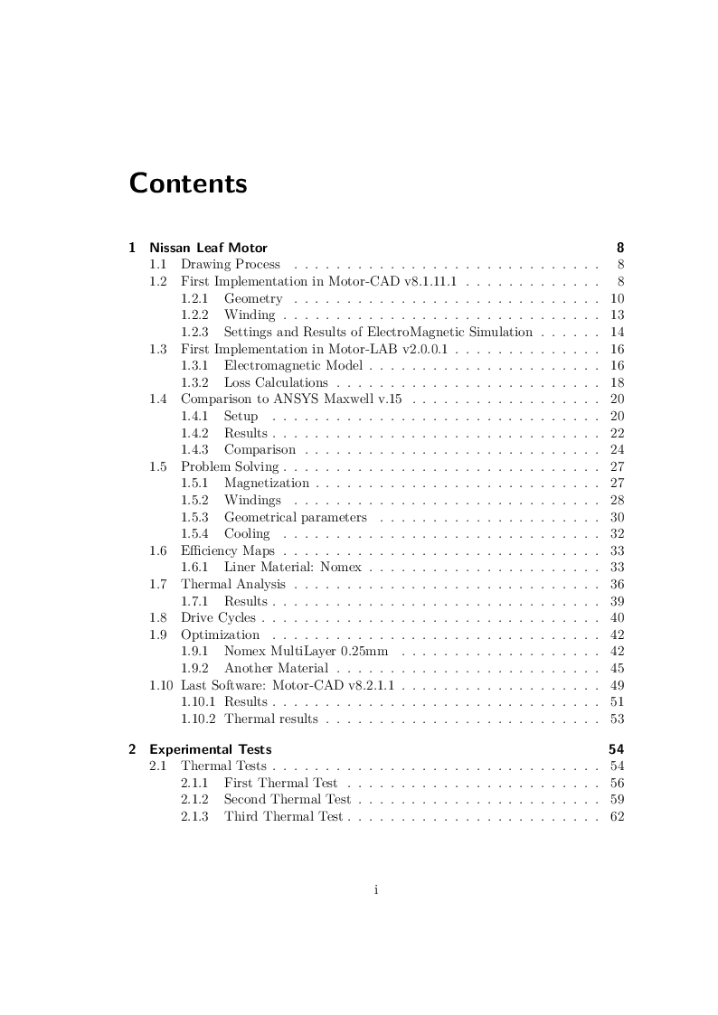 Indice della tesi: Reverse Engineering of an Electric Vehicle Motor and Tests of a Charging Station, Pagina 1