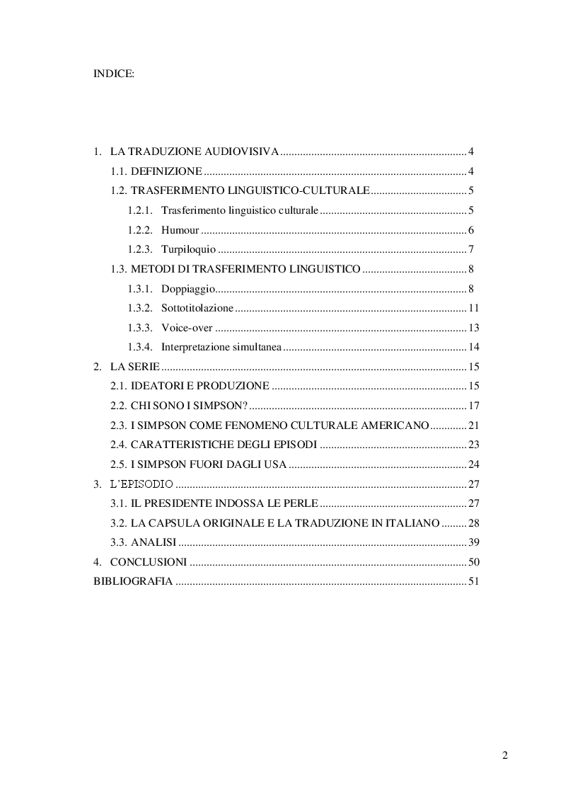Indice della tesi: La famiglia Simpson tra traduzione e doppiaggio, Pagina 1