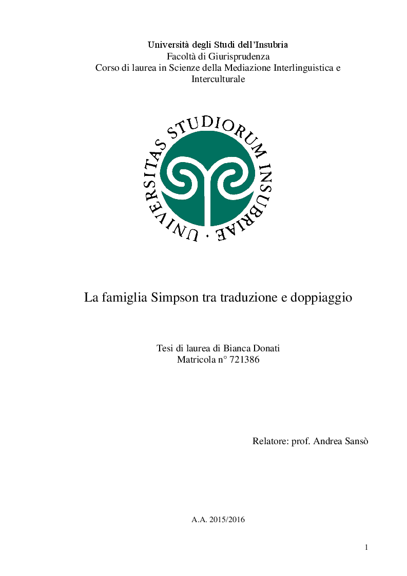 Anteprima della tesi: La famiglia Simpson tra traduzione e doppiaggio, Pagina 1