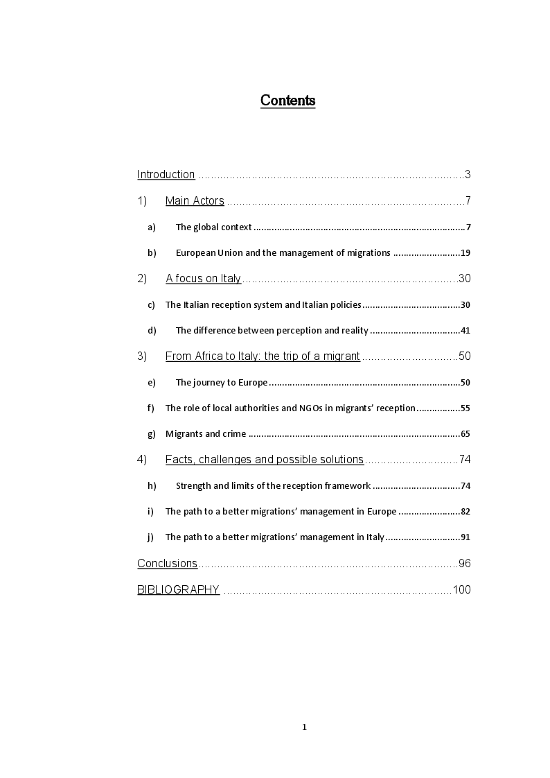 Indice della tesi: Analysis of European and Italian reception systems: a possible path towards the overcoming of the migrant crisis, Pagina 1