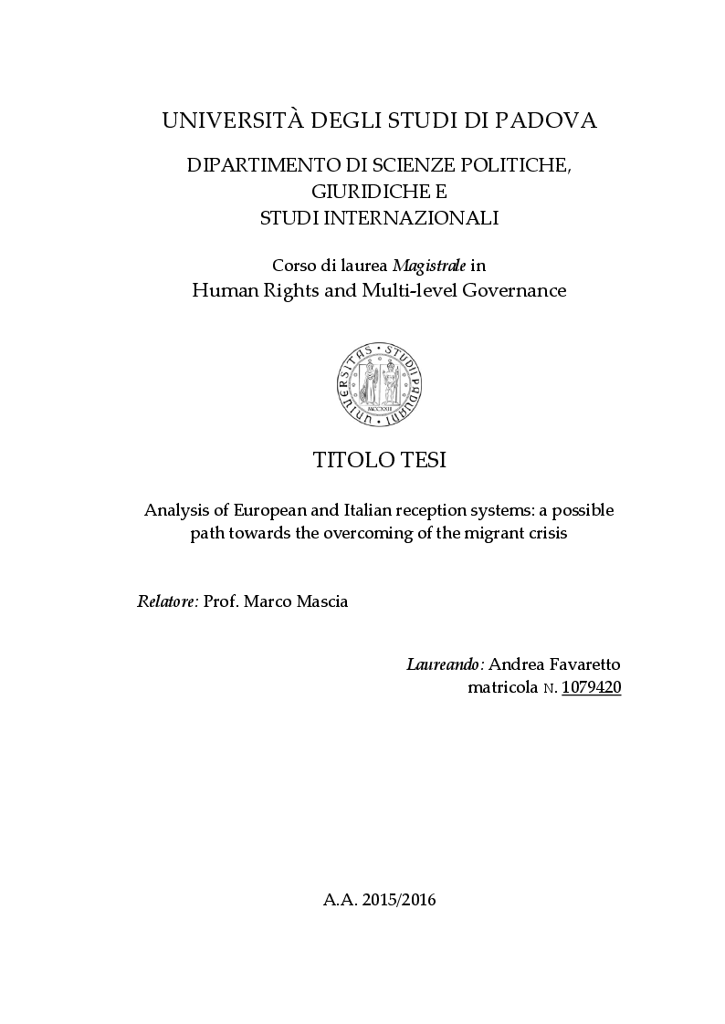 Anteprima della tesi: Analysis of European and Italian reception systems: a possible path towards the overcoming of the migrant crisis, Pagina 1