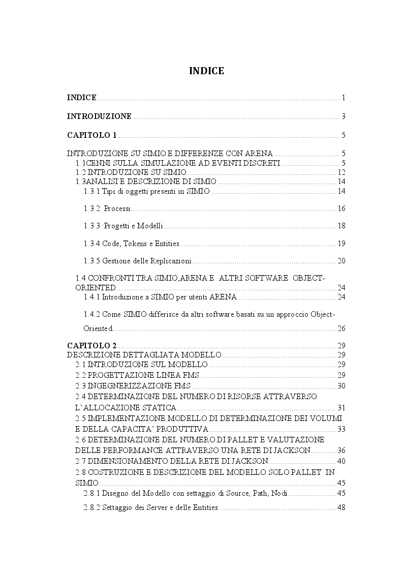 Indice della tesi: L’approccio ad oggetti per la simulazione di sistemi produttivi: Simio, Pagina 1