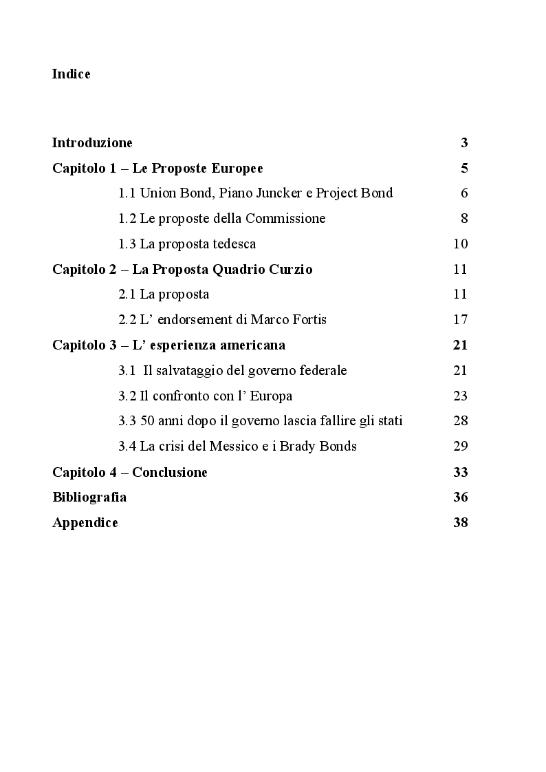 Indice della tesi: Le proposte Eurobond per uscire dalla crisi, Pagina 1