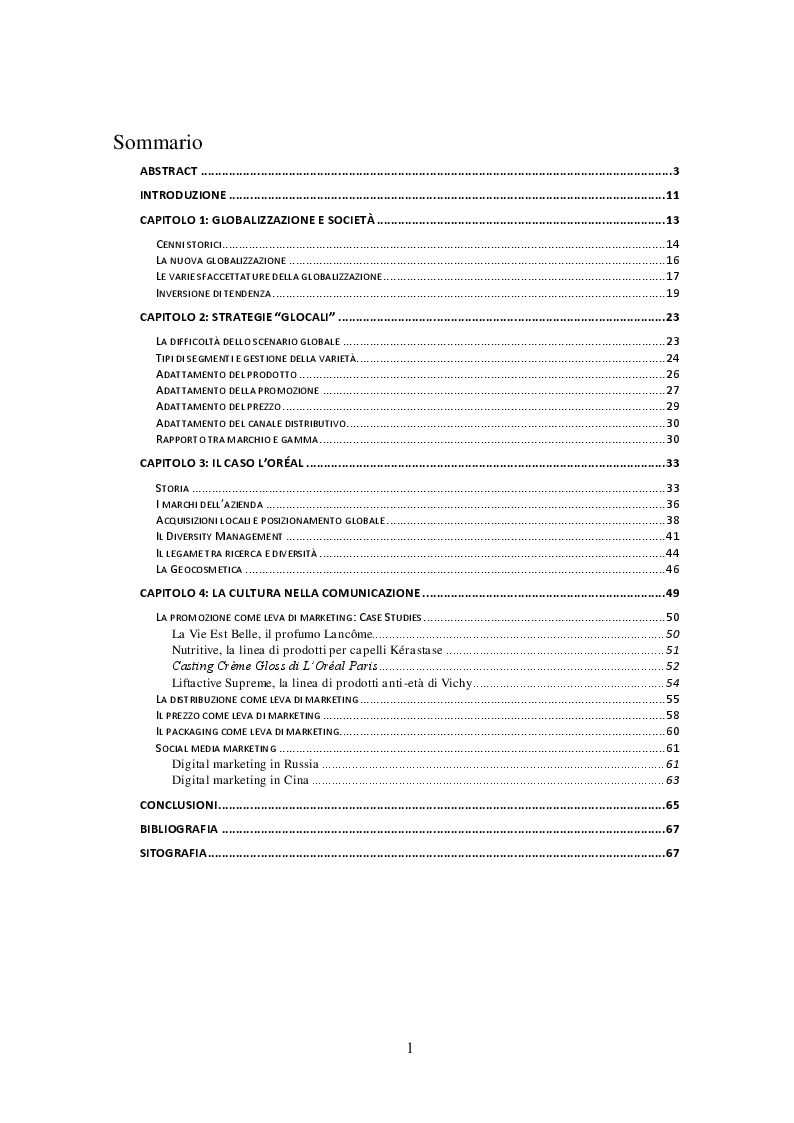 Indice della tesi: Strategie Glocali: il caso L'Oréal e la Gestione delle Diversità, Pagina 1