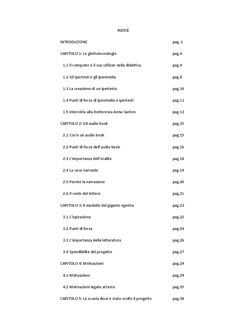 Indice della tesi: "Alice nel Paese delle meraviglie": un audiobook per comprendere, parlare, fantasticare. , Pagina 1