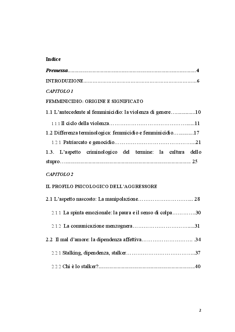 Indice della tesi: La perizia psichiatrica nell'autore di femminicidio, Pagina 1