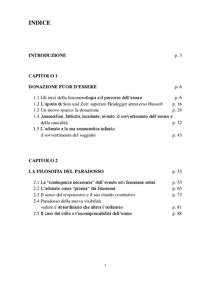 Indice della tesi: La fenomenologia della donazione di Jean-Luc Marion: il paradosso come norma dell’apparire, l’altrove come luogo del sé., Pagina 1
