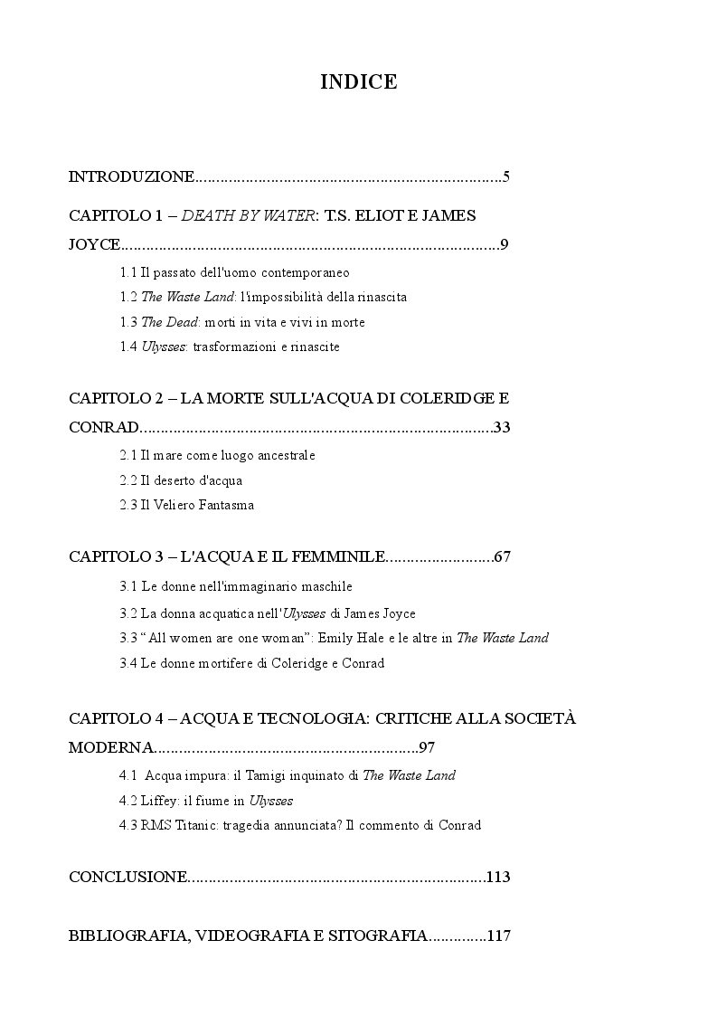 Indice della tesi: ''Water, water everywhere'': l'acqua in Coleridge, Conrad, Eliot e Joyce, Pagina 1