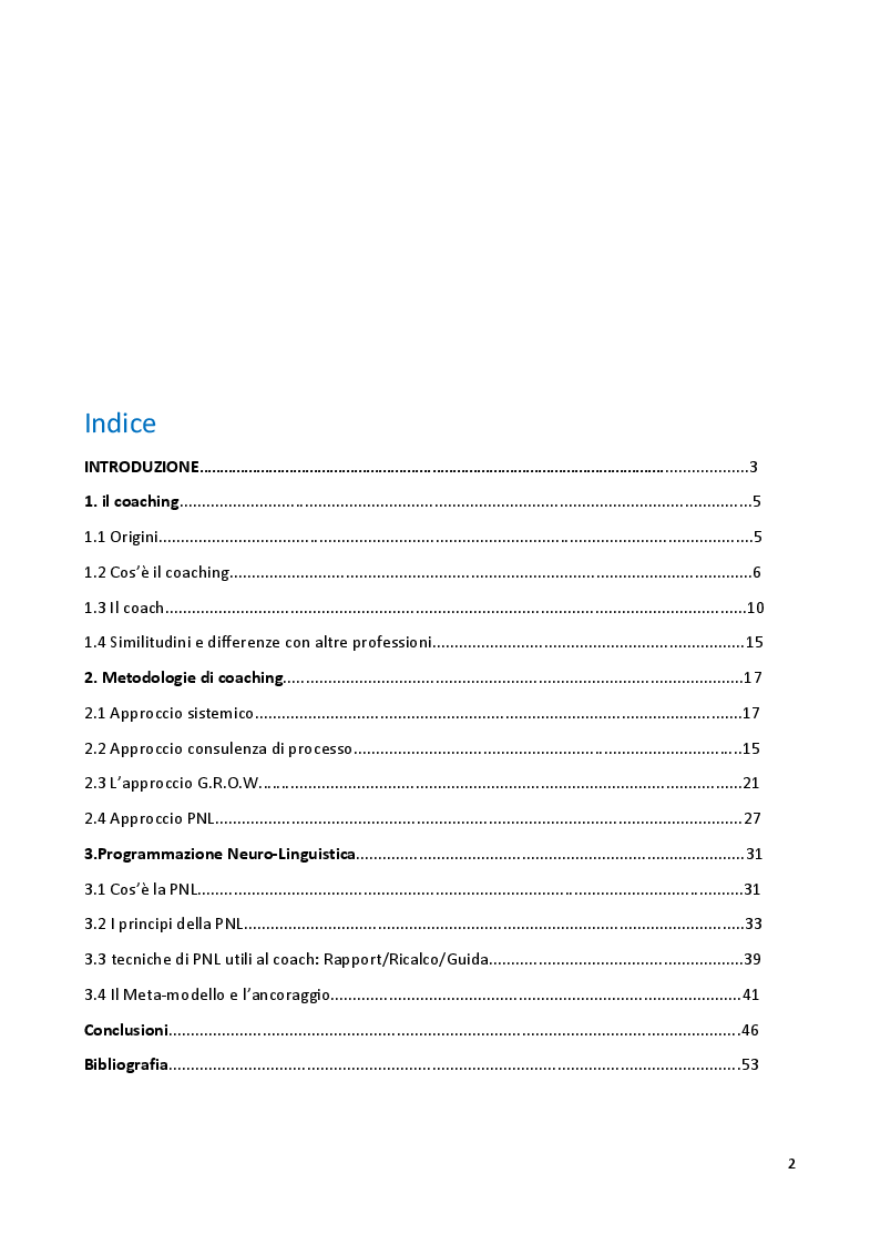 Indice della tesi: L'utilizzo delle tecniche di programmazione neuro-linguistica nel coaching aziendale, Pagina 1
