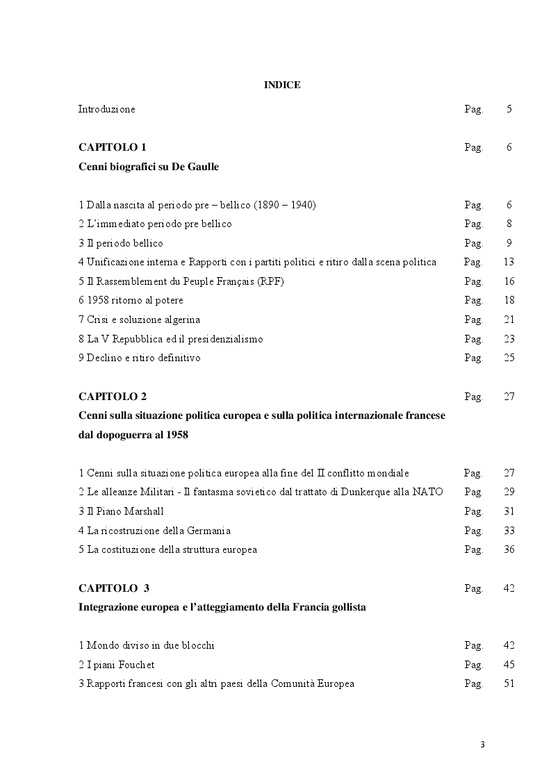 Indice della tesi: De Gaulle e l'Europa: un rapporto difficile 1958-1969, Pagina 1