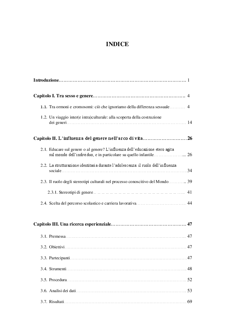 Indice della tesi: Percezione del sé e costruzione di genere tra gli adolescenti. Un contributo di ricerca , Pagina 1