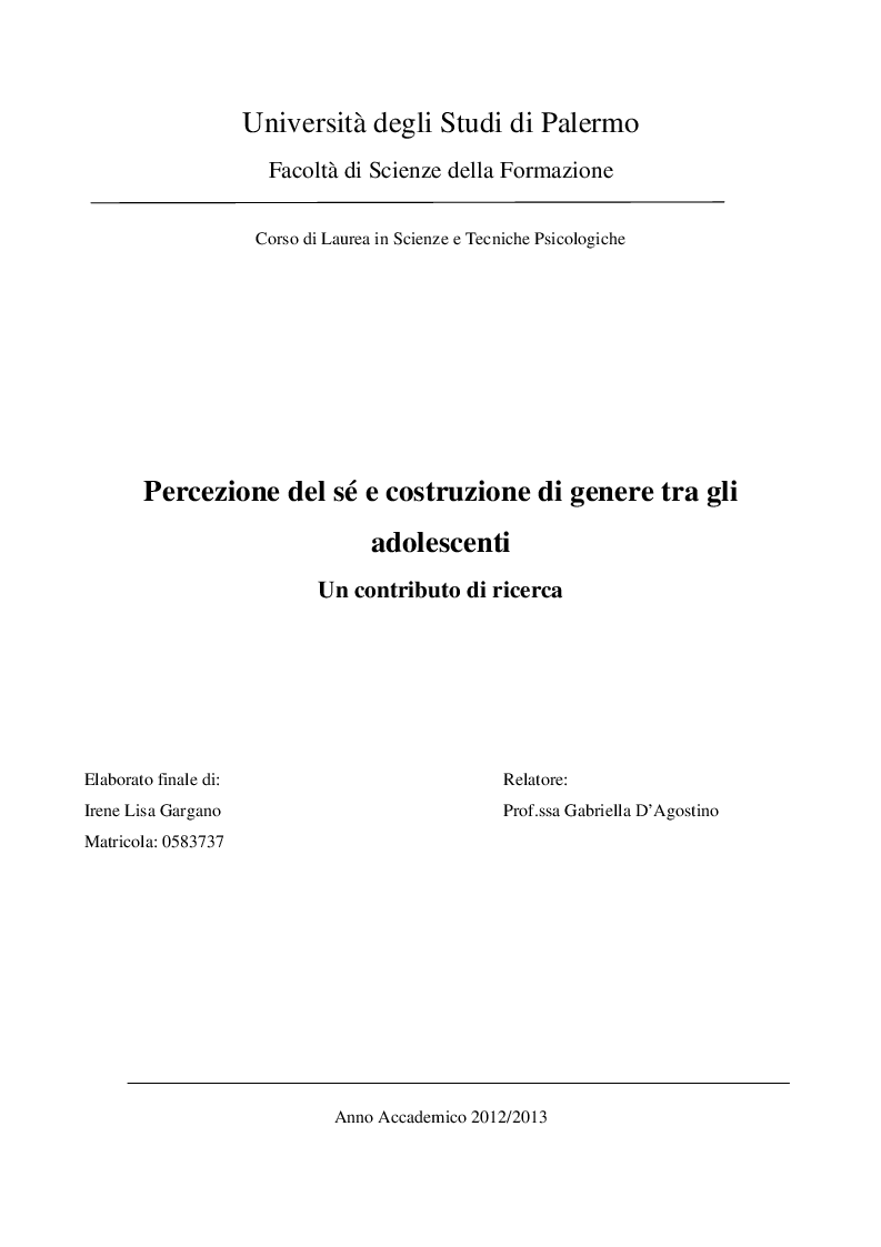Anteprima della tesi: Percezione del sé e costruzione di genere tra gli adolescenti. Un contributo di ricerca , Pagina 1