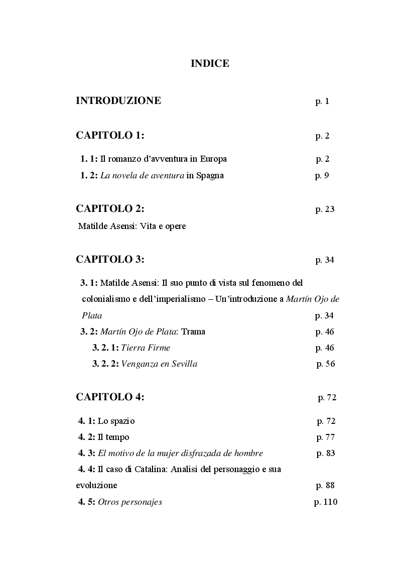 Indice della tesi: "Martin Ojo De Plata" di Matilde Asensi - Tra avventure e travestimenti, Pagina 1