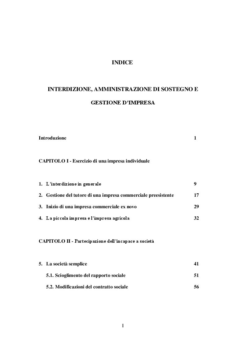 Indice della tesi: Interdizione, amministrazione di sostegno e gestione d'impresa, Pagina 1