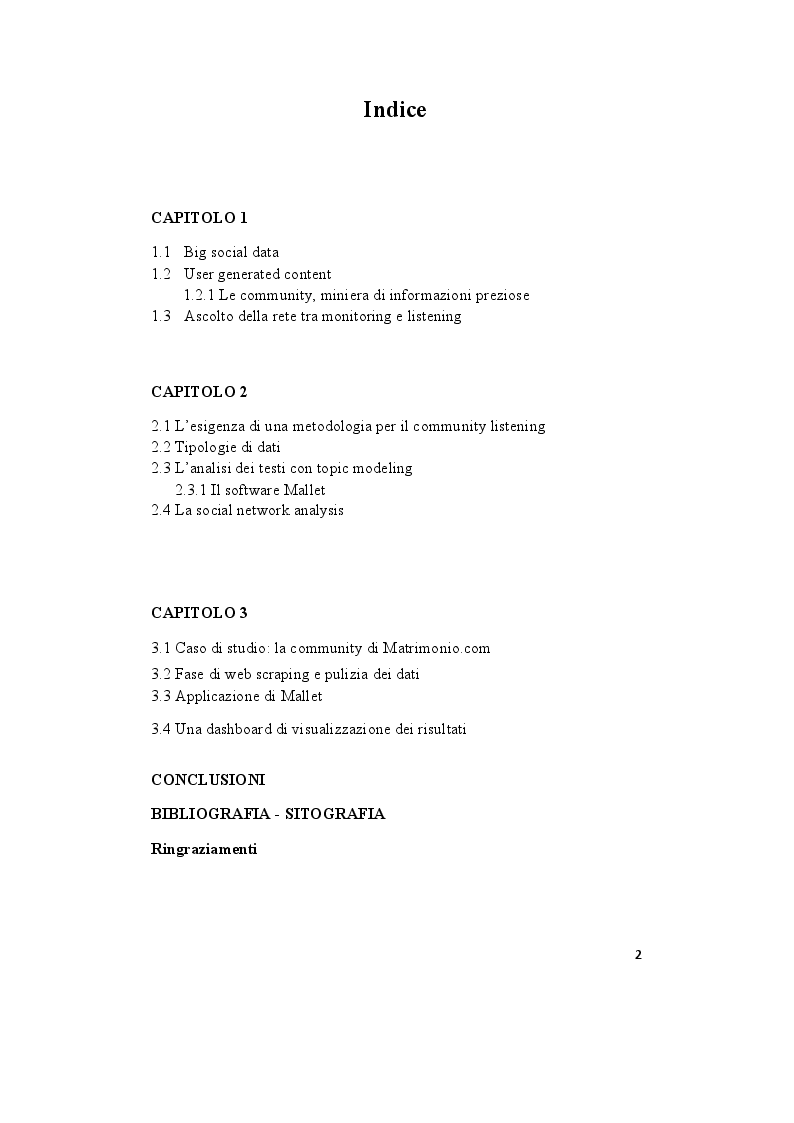 Indice della tesi: Una metodologia di social listening basata su topic modeling e data visualization. Il caso di Matrimonio.com, Pagina 1