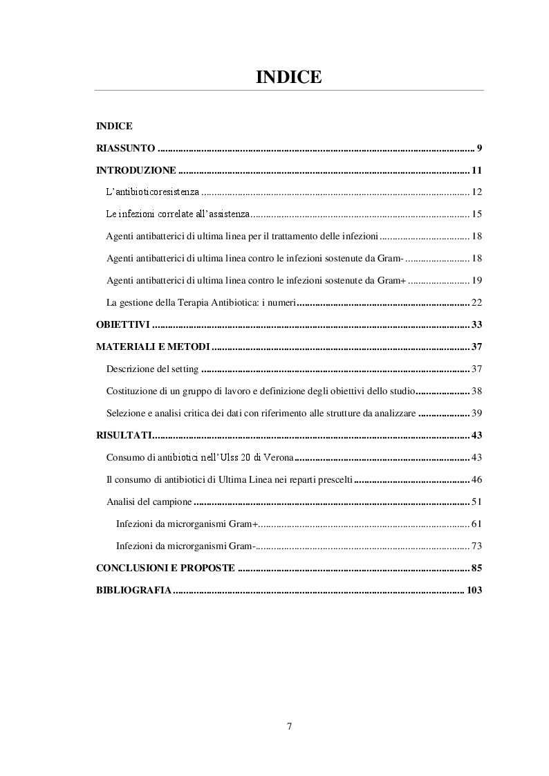 Indice della tesi: La gestione della terapia antibiotica nell'ULSS 20 di Verona: valutazione dell'appropriatezza prescrittiva e proposta di un nuovo modello razionale e multidisciplinare di gestione., Pagina 1