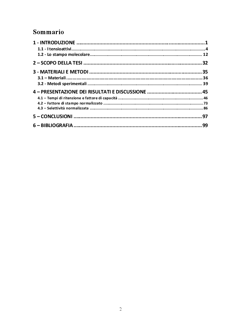 Indice della tesi: Effetto dei tensioattivi sulle proprietà leganti di un polimero a stampo molecolare, Pagina 1