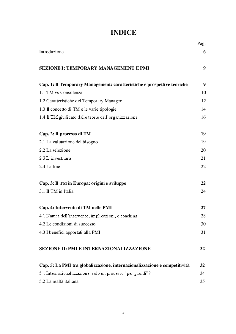 Indice della tesi: Temporary Management a supporto della strategia di internazionalizzazione delle PMI. Una Survey su un campione di aziende italiane, Pagina 1