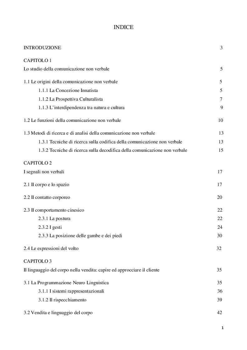Indice della tesi: Il linguaggio del corpo: strumenti operativi per comunicare in modo efficace nella vendita, Pagina 1