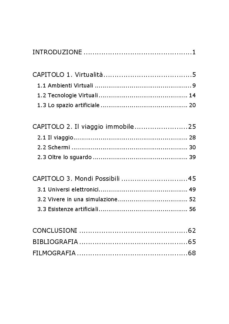Indice della tesi: Il viaggio immobile: corpi, schermi e realtà virtuali, Pagina 1