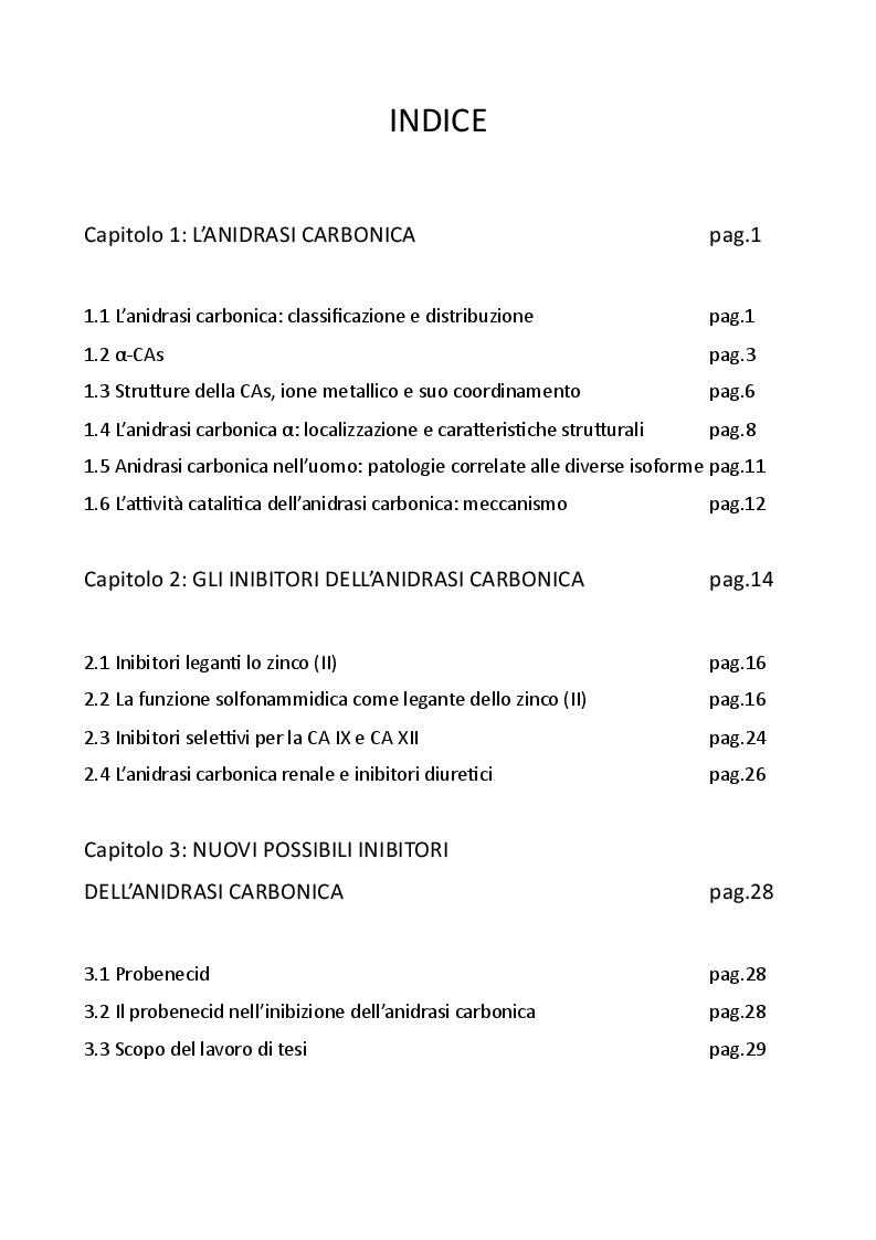 Indice della tesi: Impatto della stereochimica sull’inibizione dell’Anidrasi Carbonica da parte di nuovi derivati del Probenecid, Pagina 1