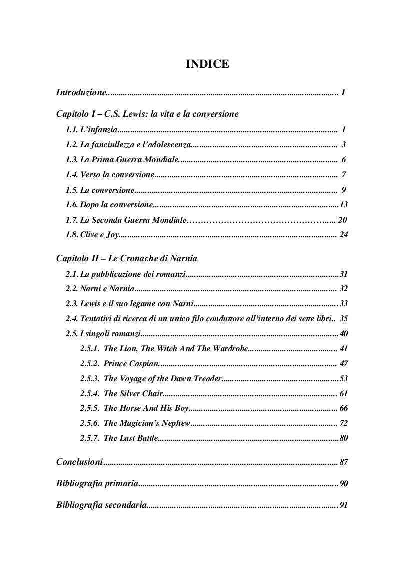 Indice della tesi: La religiosità di C.S. Lewis in ''The Narnia Chronicles'', Pagina 1
