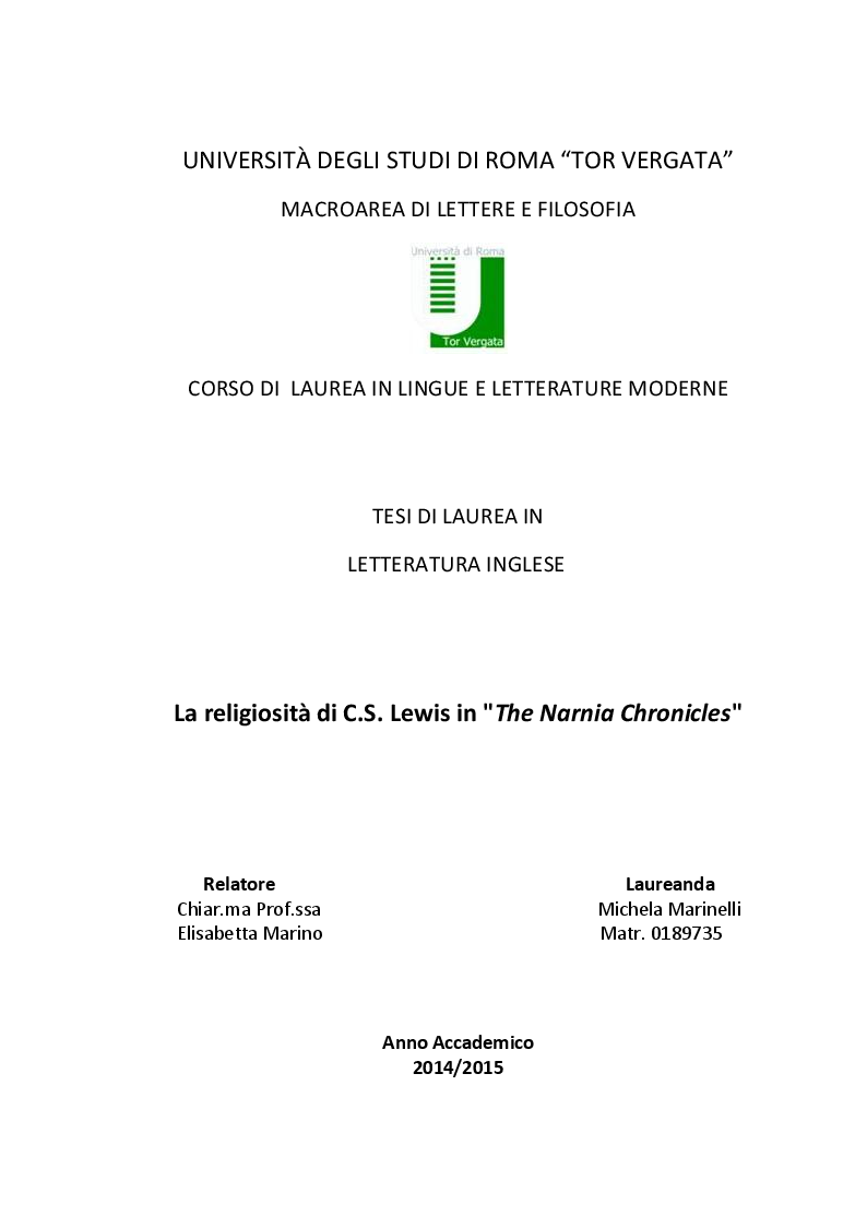 Anteprima della tesi: La religiosità di C.S. Lewis in ''The Narnia Chronicles'', Pagina 1