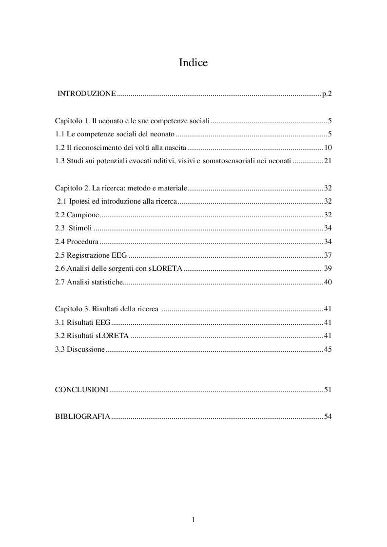 Indice della tesi: Riconoscimento dei volti nelle prime ore di vita: uno studio con s-LORETA, Pagina 1