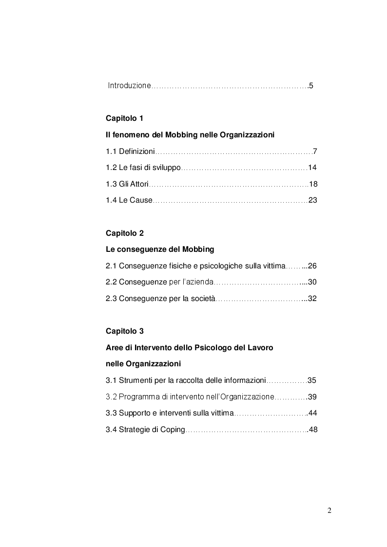 Indice della tesi: Il mobbing nelle organizzazioni: interventi e strategie preventive, Pagina 1