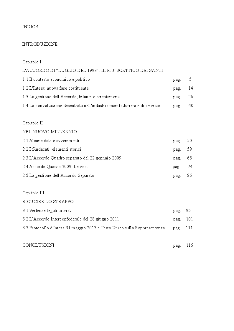 Indice della tesi: Le Regole della Contrattazione Collettiva. Percorsi della Concertazione Sociale: 1993-2014, Pagina 1