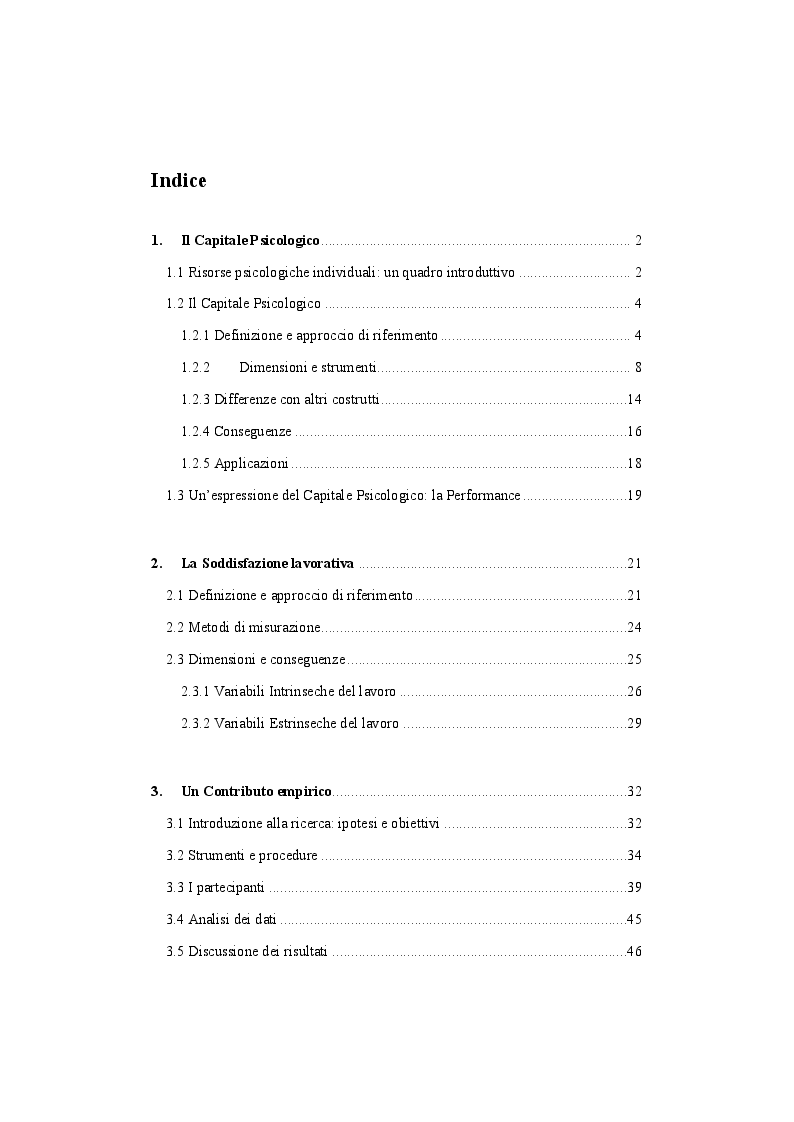 Indice della tesi: Capitale Psicologico e Soddisfazione Lavorativa - una ricerca sperimentale, Pagina 1