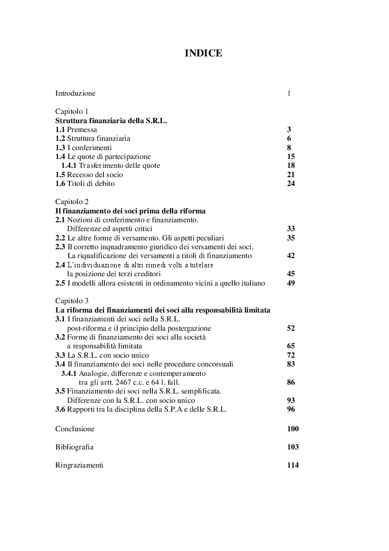 Indice della tesi: Il finanziamento dei soci nella Società a responsabilità limitata, Pagina 1