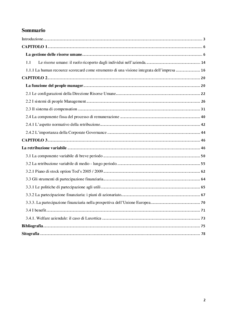 Indice della tesi: Il compensation package: la retribuzione variabile, Pagina 1