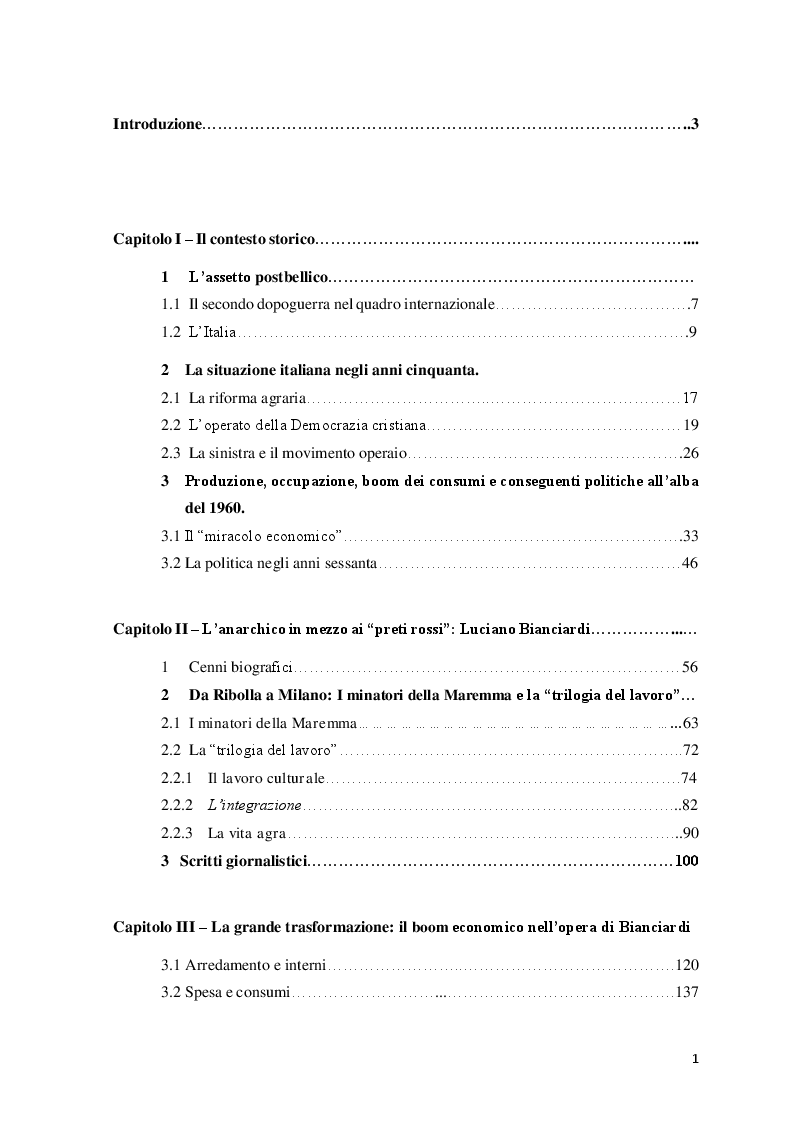 Indice della tesi: Luciano Bianciardi e gli anni '60: immagini del boom negli scritti narrativi e giornalistici, Pagina 1