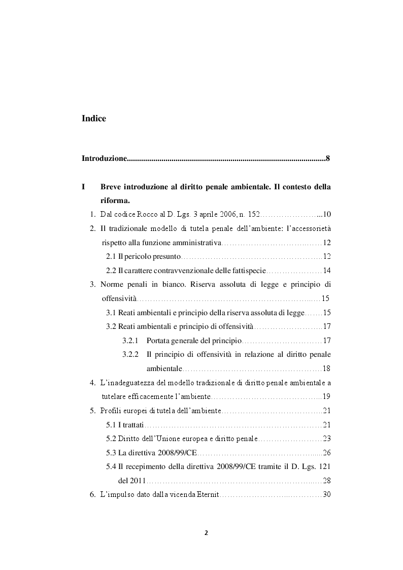 Indice della tesi: Analisi del reato di disastro ambientale: dalla fattispecie giurisprudenziale al nuovo art. 452 quater c.p., Pagina 1