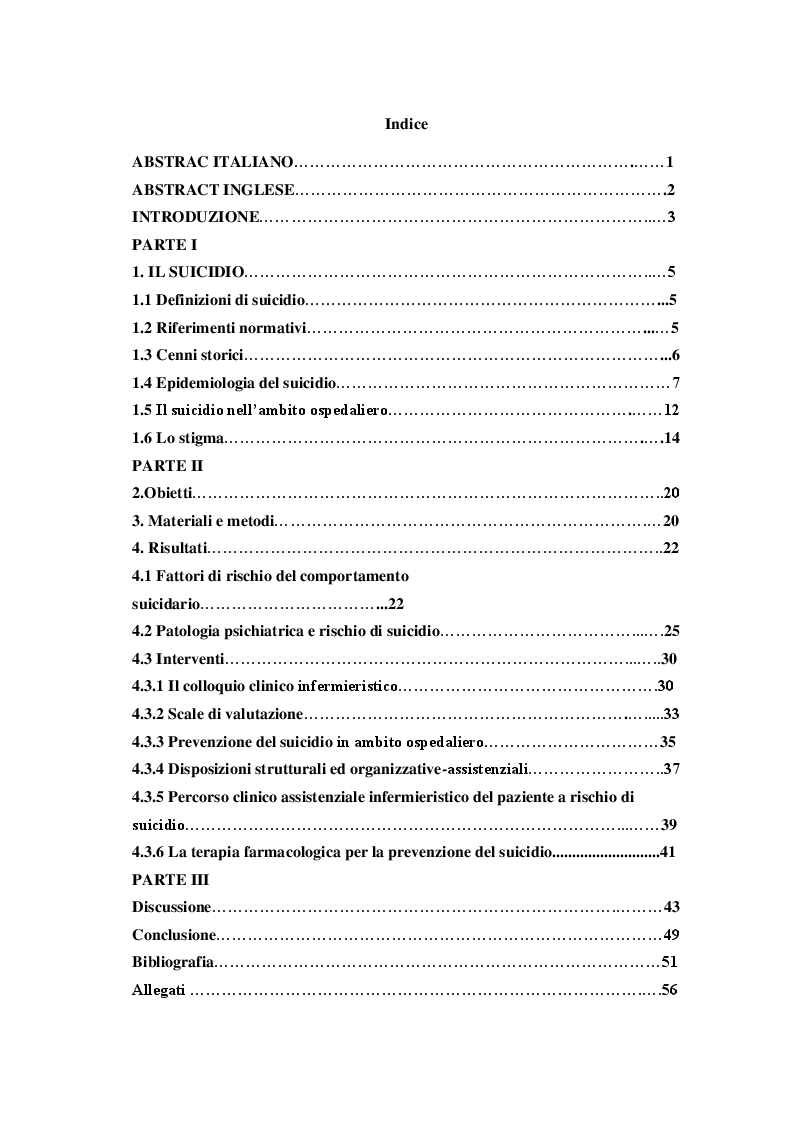 Indice della tesi: Il ruolo dell'infermiere nella prevenzione del suicidio in ospedale: una revisione critica della letteratura., Pagina 1