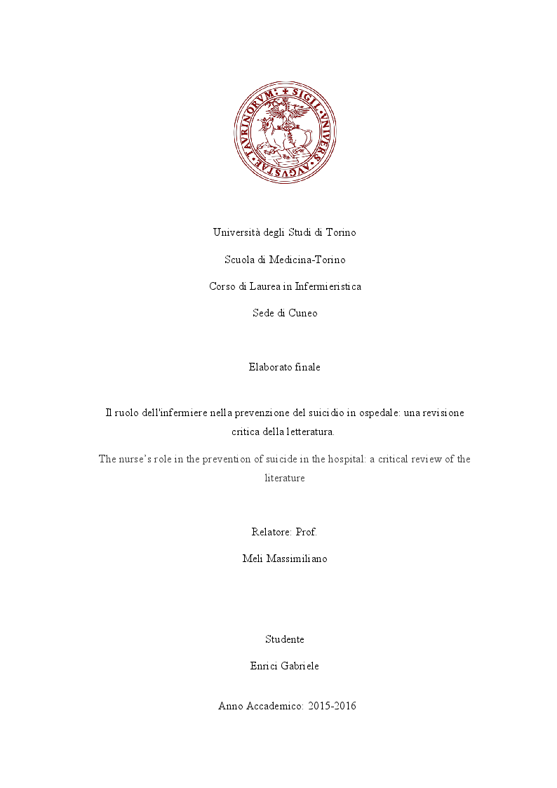Anteprima della tesi: Il ruolo dell'infermiere nella prevenzione del suicidio in ospedale: una revisione critica della letteratura., Pagina 1